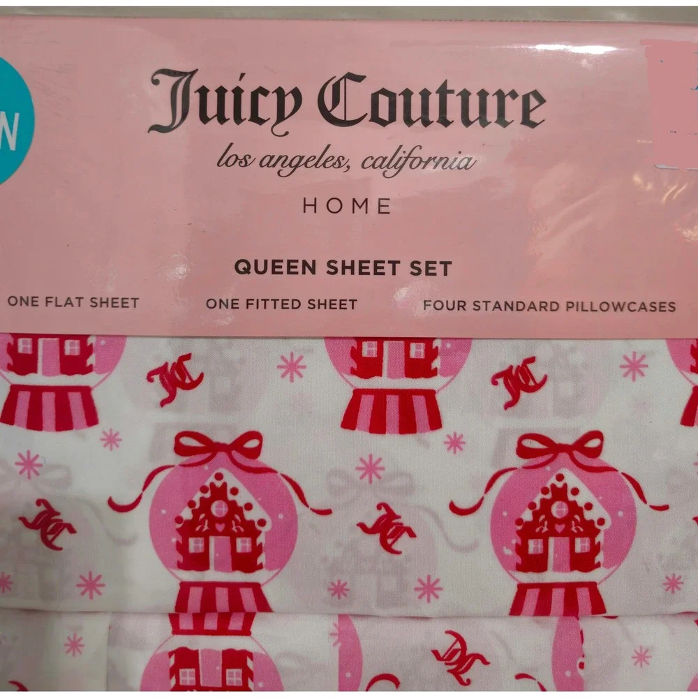 Juicy Couture Christmas Queen Sheet Set Snow Globe Pink White Red Bedding NWT